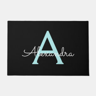 Aqua Teal Blue Script Girly Monogram Name Doormat
