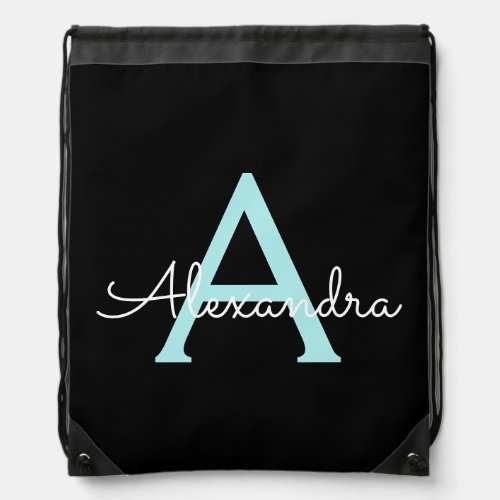 Aqua Teal Blue Script Girly Monogram Name Drawstring Bag