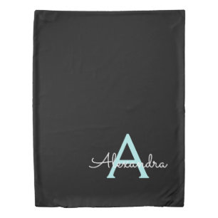 Aqua Teal Blue Script Girly Monogram Name Duvet Cover