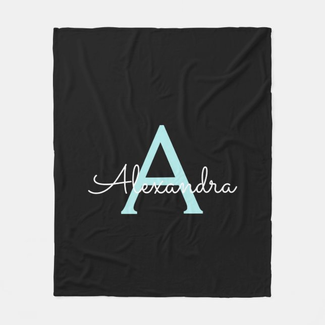 Aqua Teal Blue Script Girly Monogram Name Fleece Blanket (Front)