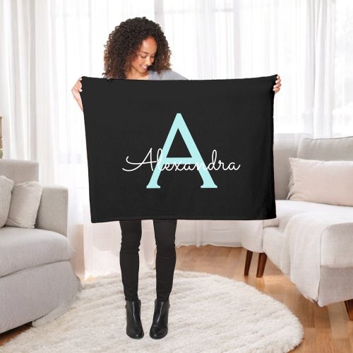 Aqua Teal Blue Script Girly Monogram Name Fleece Blanket