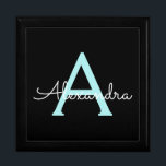 Aqua Teal Blue Script Girly Monogram Name Gift Box<br><div class="desc">Black and Aqua Blue Teal Simple script Monogram Name Jewelry Keepsake Box. This makes the perfect graduation,  birthday,  wedding,  bridal shower,  anniversary,  baby shower or bachelorette party gift for someone that loves glam luxury and chic styles.</div>