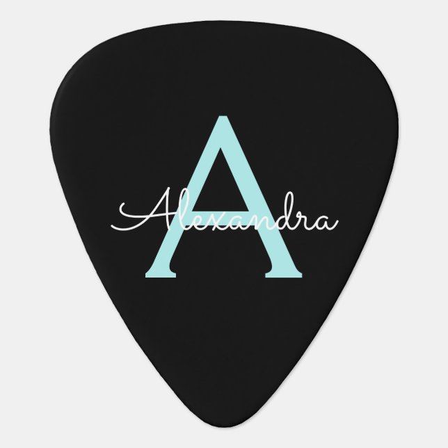 Aqua Teal Blue Script Girly Monogram Name Guitar Pick (Front)