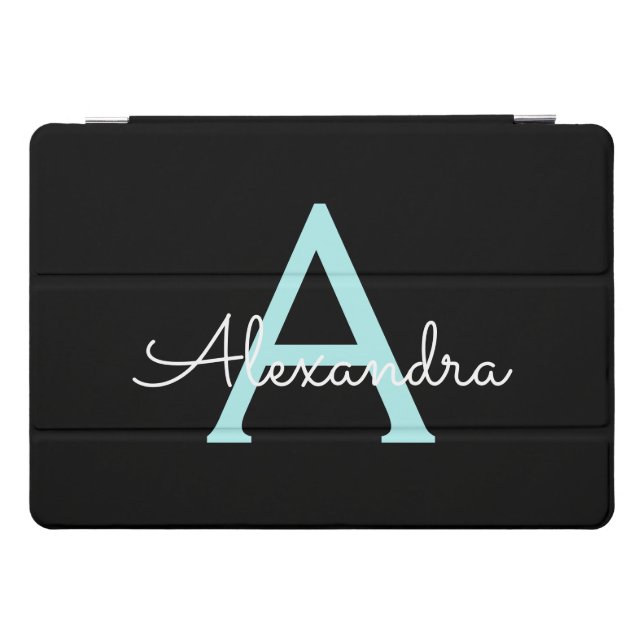 Aqua Teal Blue Script Girly Monogram Name iPad Pro Cover (Horizontal)