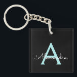 Aqua Teal Blue Script Girly Monogram Name Keychain<br><div class="desc">Black and Aqua Blue Teal Simple Script Monogram Name Keychain. This makes the perfect sweet 16 birthday,  wedding,  bridal shower,  anniversary,  baby shower or bachelorette party gift for someone that loves glam luxury and chic styles.</div>