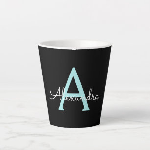 Aqua Teal Blue Script Girly Monogram Name Latte Mug