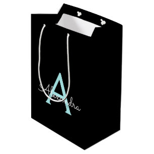 Aqua Teal Blue Script Girly Monogram Name Medium Gift Bag