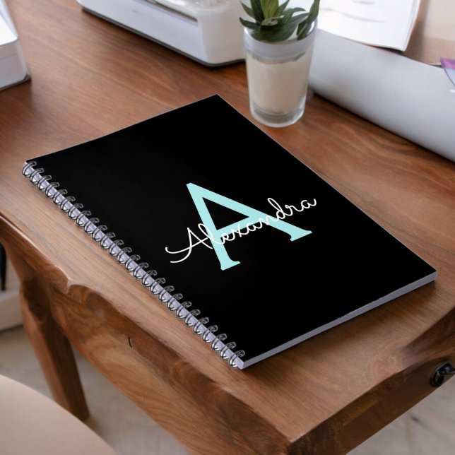 Aqua Teal Blue Script Girly Monogram Name Notebook (Creator Uploaded)