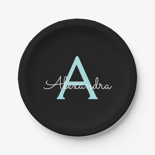 Aqua Teal Blue Script Girly Monogram Name Paper Plates (Front)