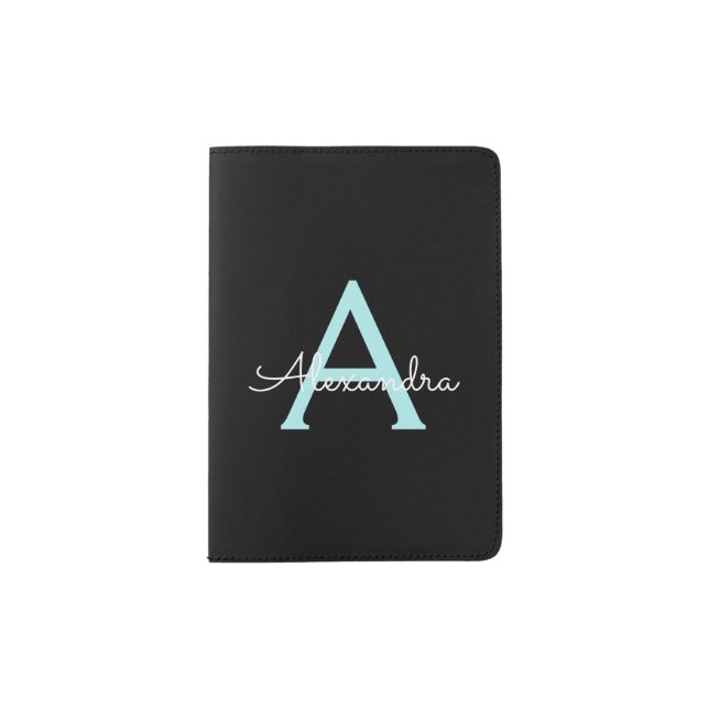Aqua Teal Blue Script Girly Monogram Name Passport Holder (Front)