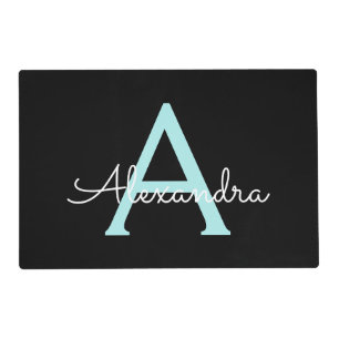 Aqua Teal Blue Script Girly Monogram Name Placemat