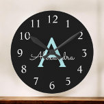 Aqua Teal Blue Script Girly Monogram Name Round Clock<br><div class="desc">Aqua Teal Blue and Gold Simple Script Monogram Name Clock. This makes the perfect sweet 16 birthday,  wedding,  bridal shower,  anniversary,  baby shower or bachelorette party gift for someone that loves glam luxury and chic styles.</div>