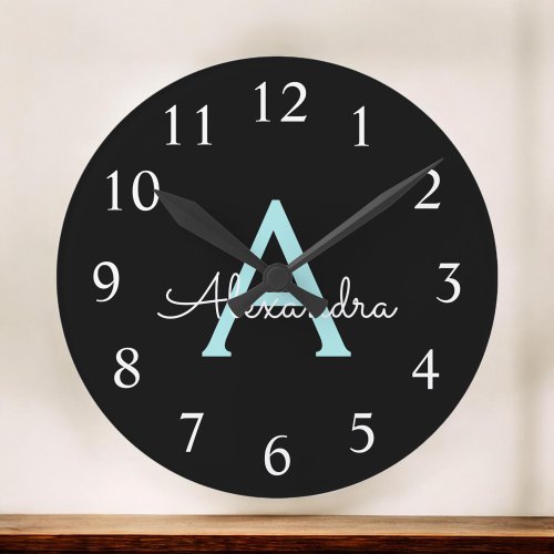 Aqua Teal Blue Script Girly Monogram Name Round Clock