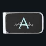 Aqua Teal Blue Script Girly Monogram Name Silver Finish Money Clip<br><div class="desc">Aqua Teal Blue and Black Simple Script Monogram Name Money Clip. This makes the perfect graduation,  sweet 16 birthday,  wedding,  bridal shower,  anniversary,  baby shower or bachelorette party gift for someone that loves glam luxury and chic styles.</div>