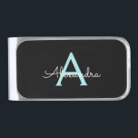 Aqua Teal Blue Script Girly Monogram Name Silver Finish Money Clip<br><div class="desc">Aqua Teal Blue and Black Simple Script Monogram Name Money Clip. This makes the perfect graduation,  sweet 16 birthday,  wedding,  bridal shower,  anniversary,  baby shower or bachelorette party gift for someone that loves glam luxury and chic styles.</div>
