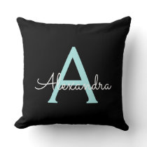 Aqua Teal Blue Script Girly Monogram Name Throw Pillow