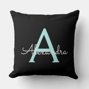Aqua Teal Blue Script Girly Monogram Name Throw Pillow