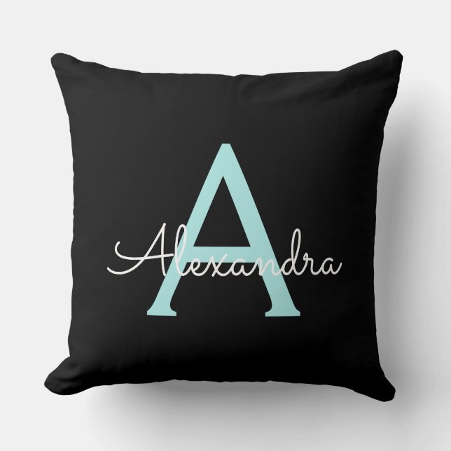 Aqua Teal Blue Script Girly Monogram Name Throw Pillow (Front)