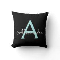 Aqua Teal Blue Script Girly Monogram Name Throw Pillow