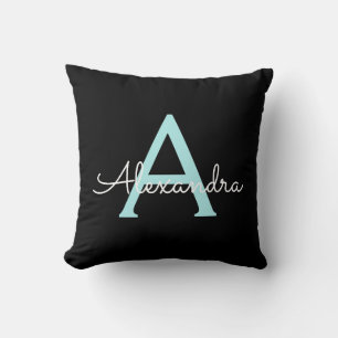 Aqua Teal Blue Script Girly Monogram Name Throw Pillow