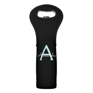 Aqua Teal Blue Script Girly Monogram Name Wine Bag