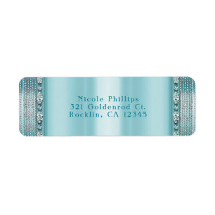 Aqua Teal Blue & Silver Diamond Bling Invitation Label
