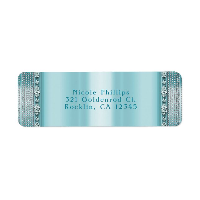 Aqua Teal Blue & Silver Diamond Bling Invitation Label (Front)
