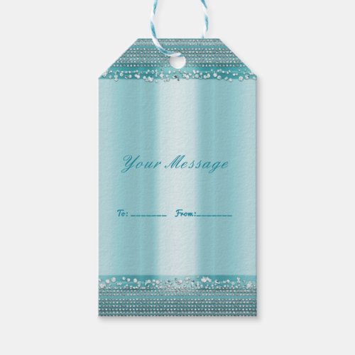 Aqua Teal Blue  Silver Diamond Bling Party Favor Gift Tags