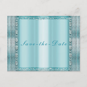 Aqua Teal Blue Silver Diamond Bling Save the Date Announcement Postcard