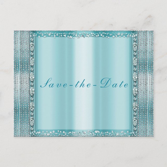 Aqua Teal Blue Silver Diamond Bling Save the Date Announcement Postcard (Front)