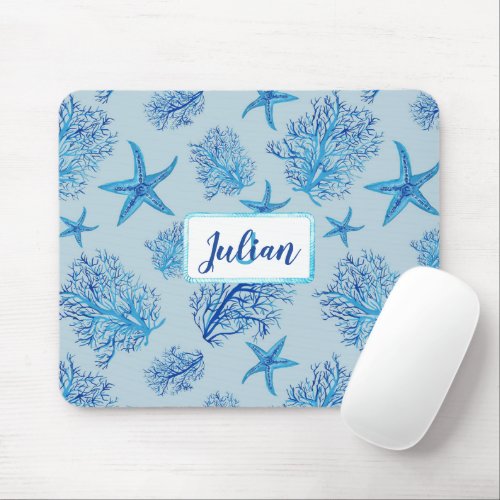 Aqua_teal blue starfish_coral_custom monogram_name mouse pad