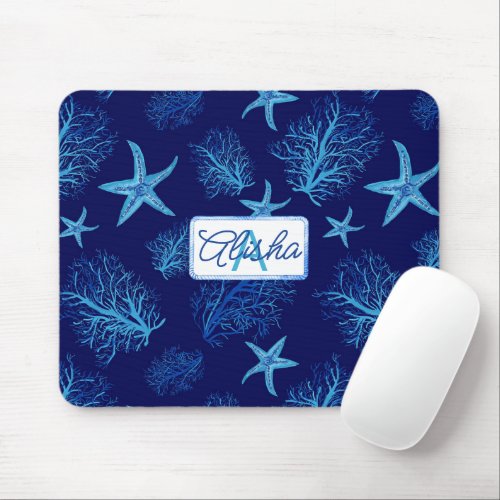 Aqua_teal blue starfish_coral_custom monogram_name mouse pad