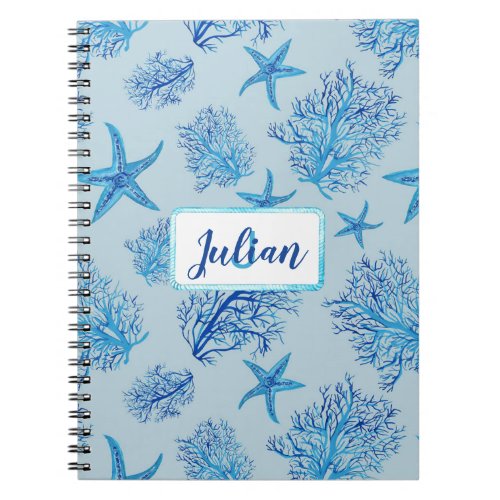 Aqua_teal blue starfish_coral_custom monogram_name notebook