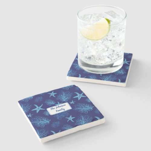 Aqua_teal blue starfish_coral_custom monogram_name stone coaster