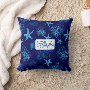 Aqua-teal blue starfish-coral-custom monogram-name throw pillow