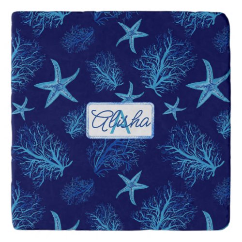 Aqua_teal blue starfish_coral_custom monogram_name trivet