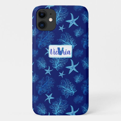 Aqua_teal blue starfish_coral_w custom  iPhone 11 case
