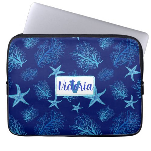 Aqua_teal blue starfish_coral_w custom laptop sleeve
