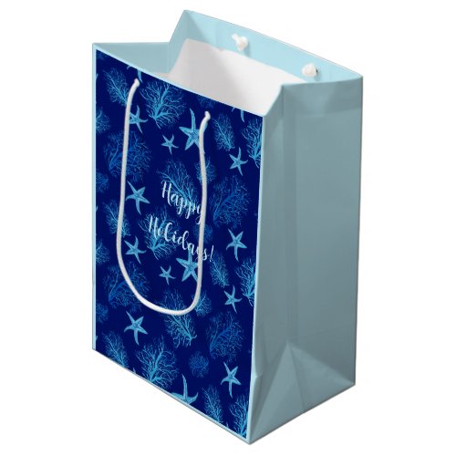 Aqua_teal blue starfish_coral_w custom medium gift bag