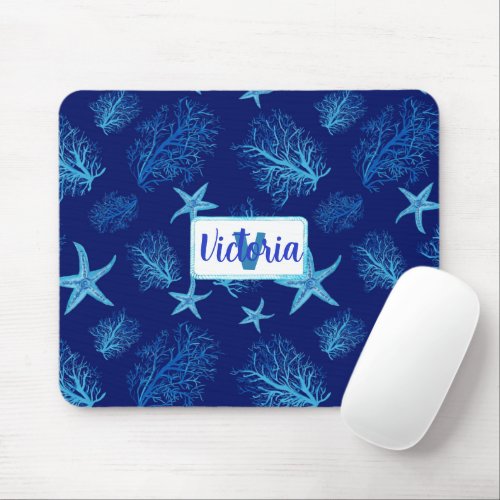 Aqua_teal blue starfish_coral_w custom mouse pad