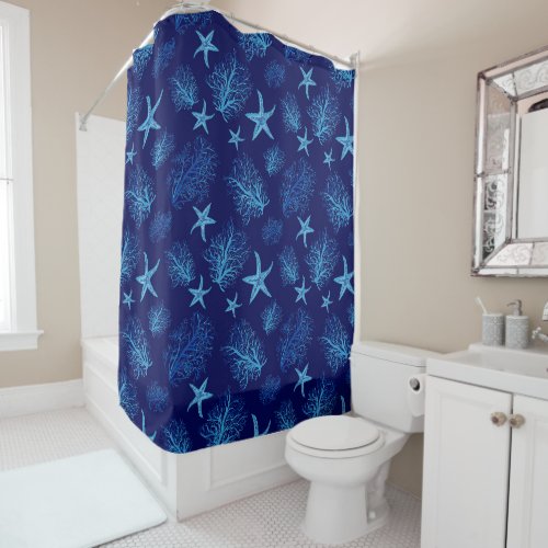Aqua_teal blue starfish_coral watercolor design shower curtain