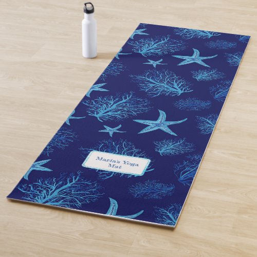 Aqua_teal blue starfish_coral watercolor design  yoga mat
