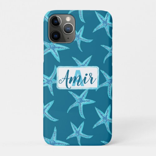 Aqua_teal_blue starfish watercolor_custom monogram iPhone 11 pro case