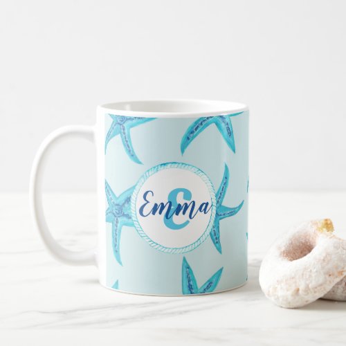 Aqua_teal blue starfish watercolor_custom monogram coffee mug