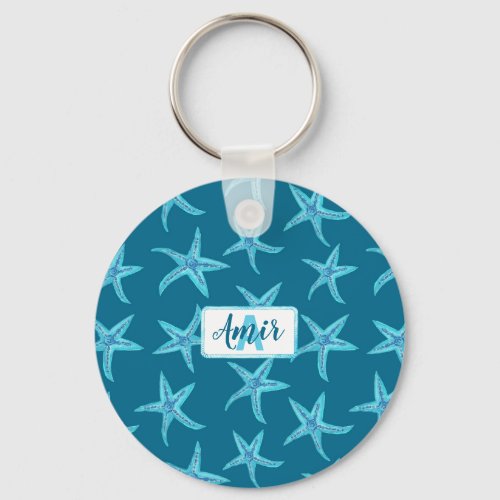 Aqua_teal_blue starfish watercolor_custom monogram keychain