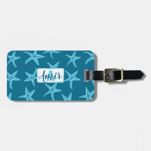 Aqua_teal_blue starfish watercolor_custom monogram luggage tag