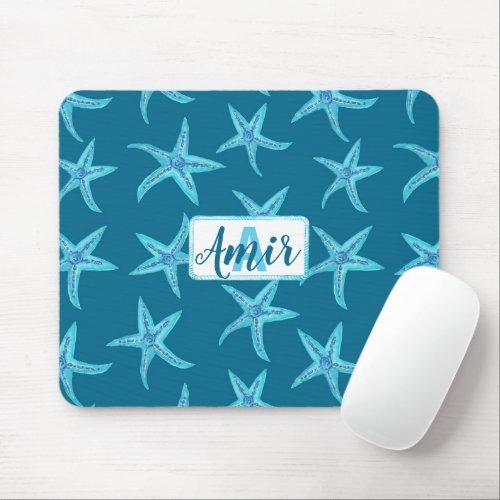 Aqua_teal_blue starfish watercolor_custom monogram mouse pad