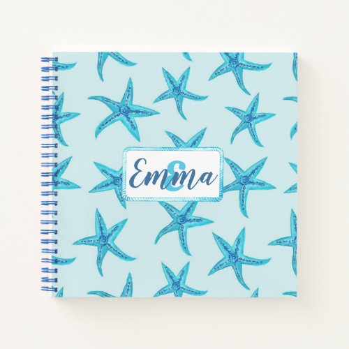 Aqua_teal blue starfish watercolor_custom monogram notebook