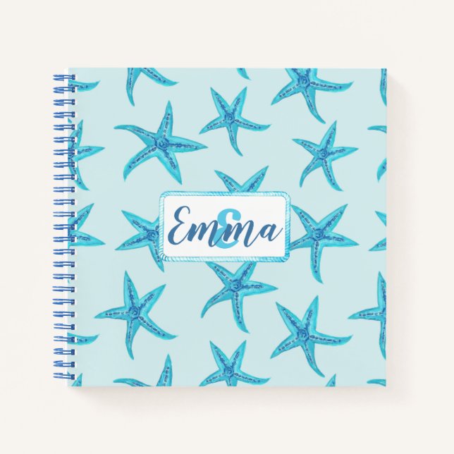 Aqua-teal blue starfish watercolor-custom monogram notebook (Front)