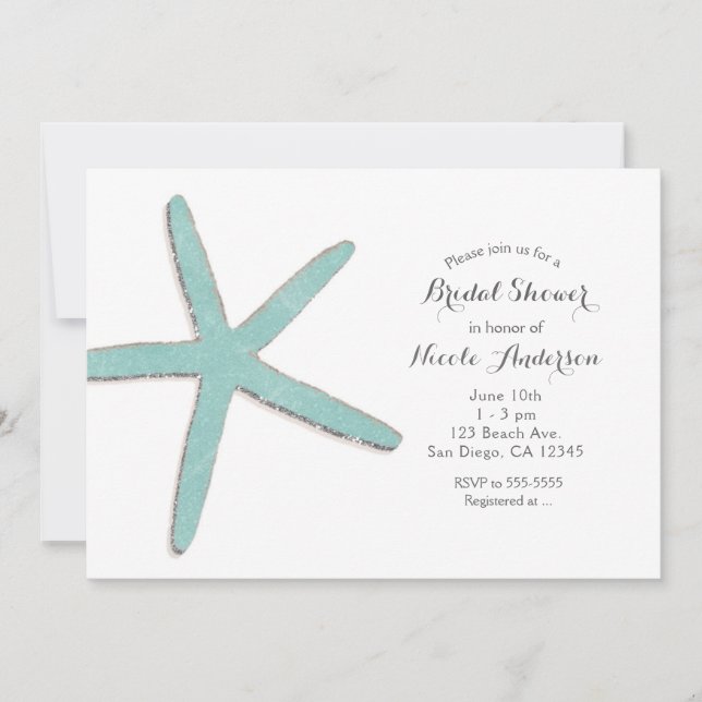 Aqua Teal Blue Starfish White Beach Bridal Shower Invitation (Front)